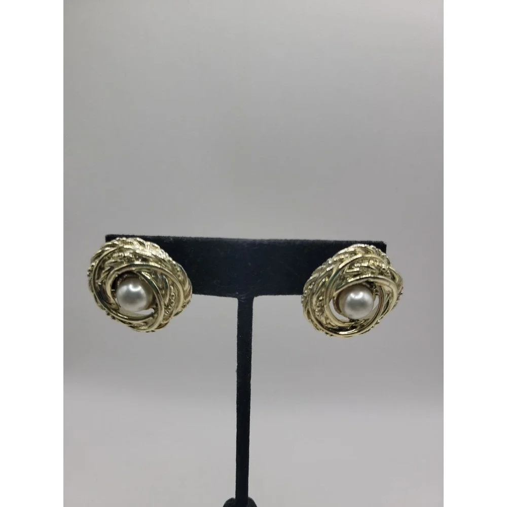 Gold Tone Swirl Knot Faux Pearl Stud Earrings Vintage Textured Rope Post Earring